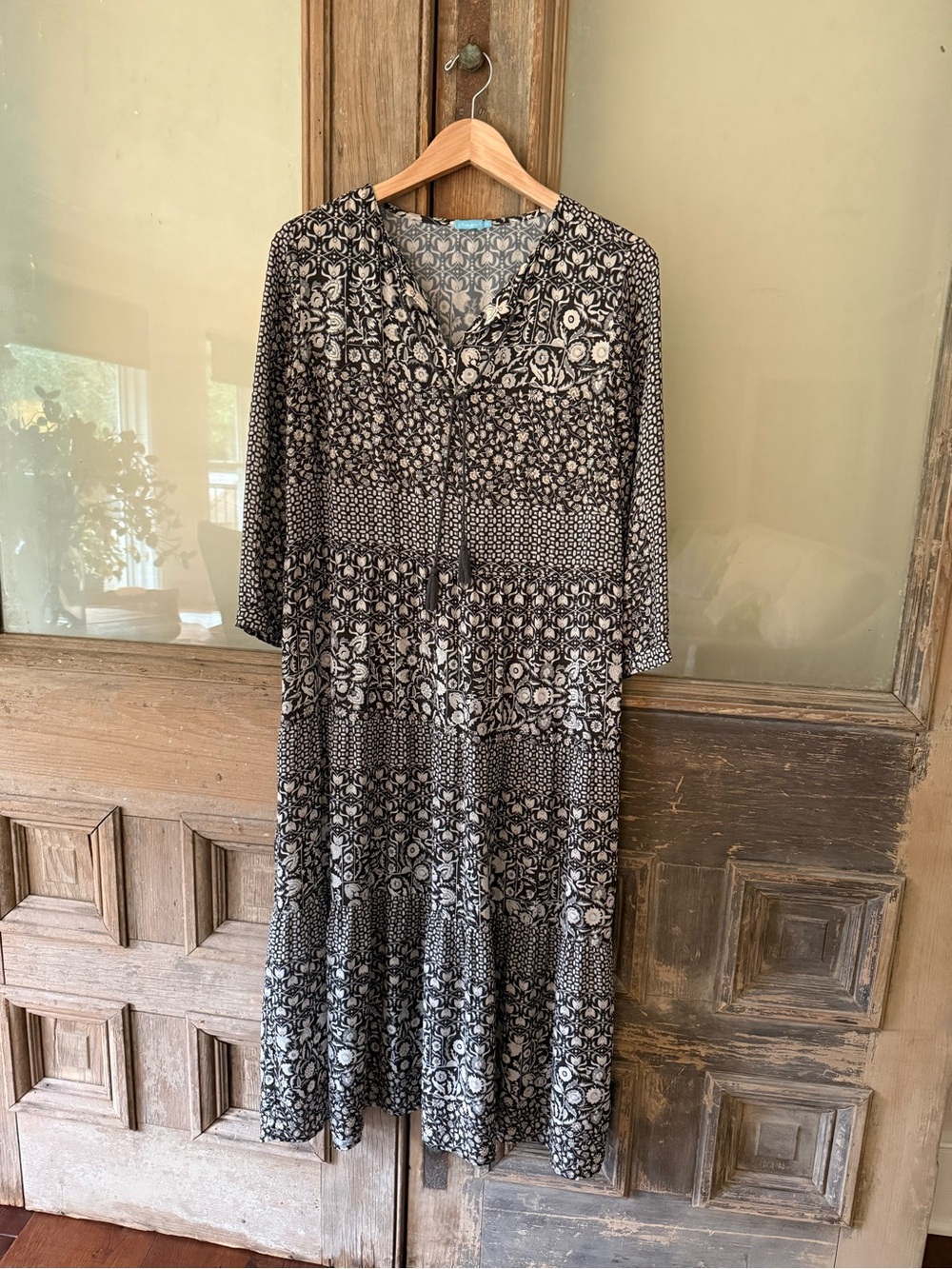 J. McLaughlin Black and White Mixed-Print V-Neck Midi Dress